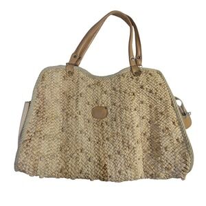 Vintage Straw Bag Large Natural Woven Leather Trim Spain READ